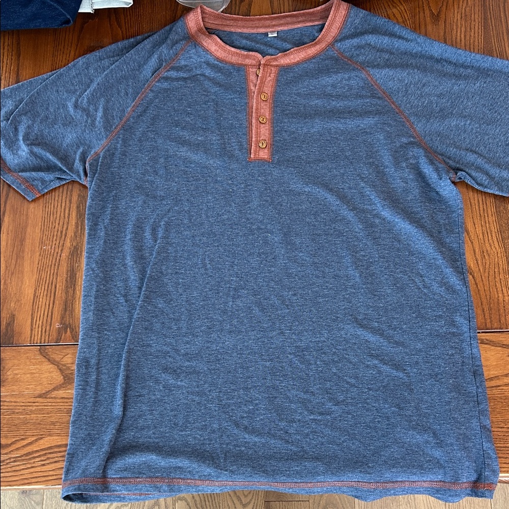 Men's Blue and Brown Henley Shirt